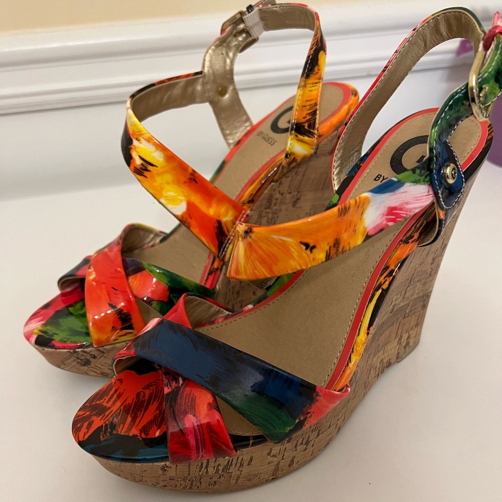 Guess multi colors cork style wedge heels.